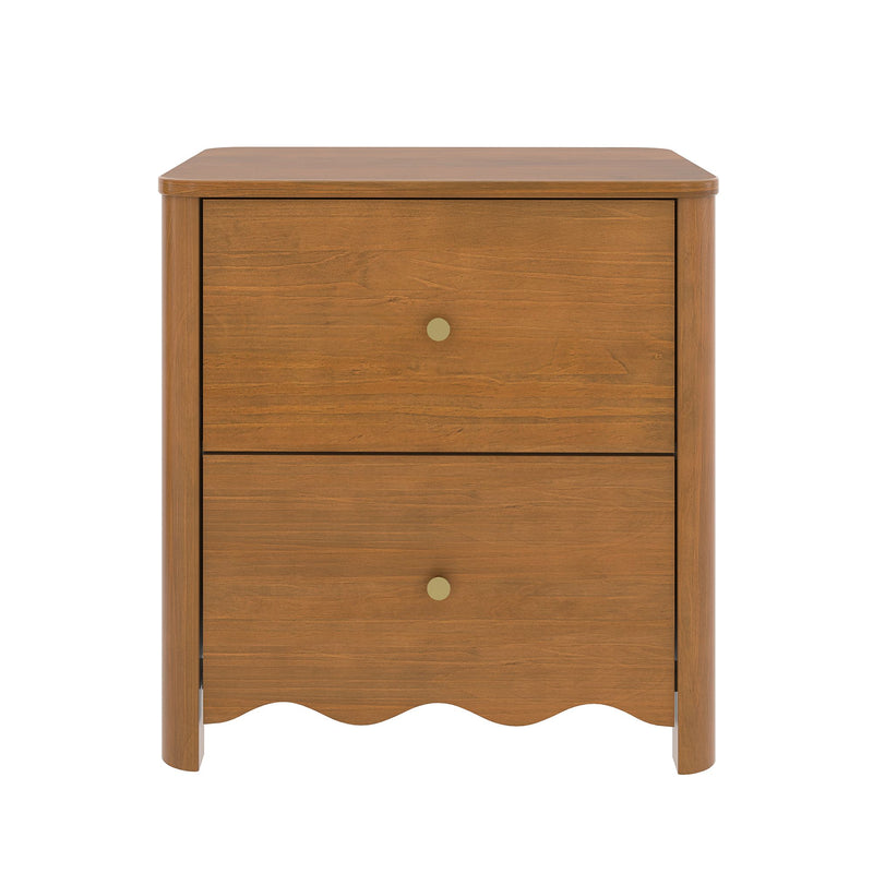Two-drawer wooden nightstand in warm walnut finish with round brass knobs and scalloped apron — modern bedside table for bedroom storage