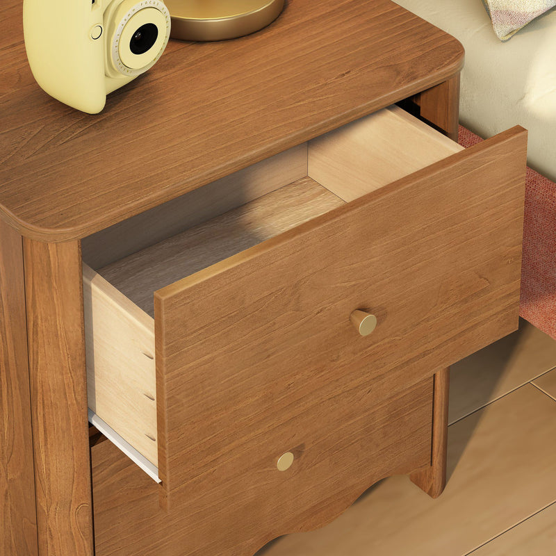 Wooden mid-century nightstand with open drawer, walnut finish and brass knobs, retro instant camera on top — bedside storage furniture