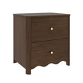 Dark walnut two-drawer wooden nightstand with brass knobs, scalloped apron and rounded legs — modern farmhouse bedside table with storage