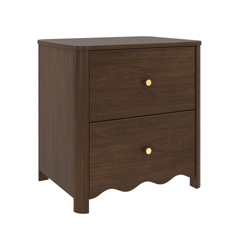 Dark walnut two-drawer wooden nightstand with brass knobs, scalloped apron and rounded legs — modern farmhouse bedside table with storage