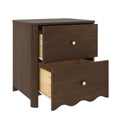 Dark brown wood two-drawer nightstand with gold round knobs, scalloped bottom trim and open drawers for bedroom storage