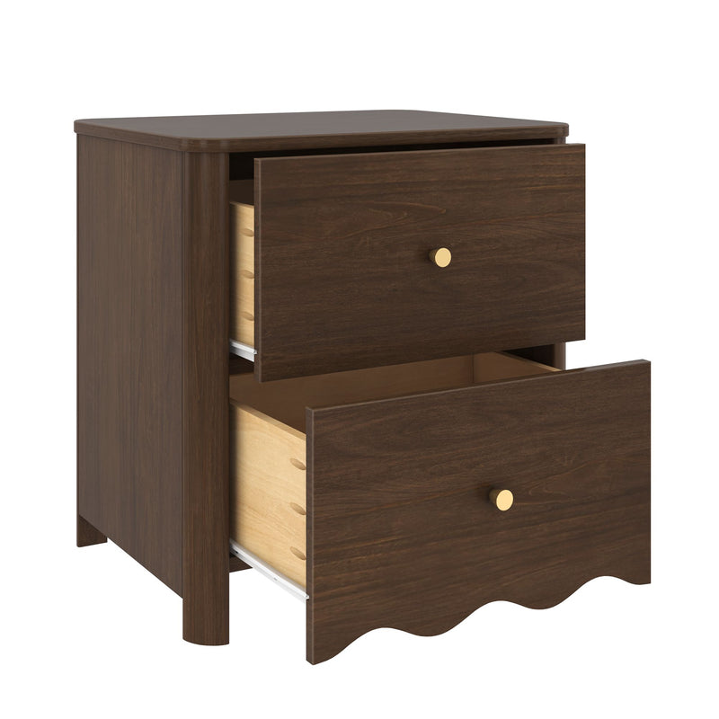 Dark brown wood two-drawer nightstand with gold round knobs, scalloped bottom trim and open drawers for bedroom storage