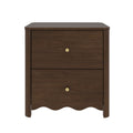 Dark walnut 2-drawer nightstand bedside table with brass knobs and scalloped apron, bedroom storage in modern farmhouse style