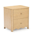 Natural light wood two-drawer bedside table with brass knobs, scalloped apron and modern farmhouse finish