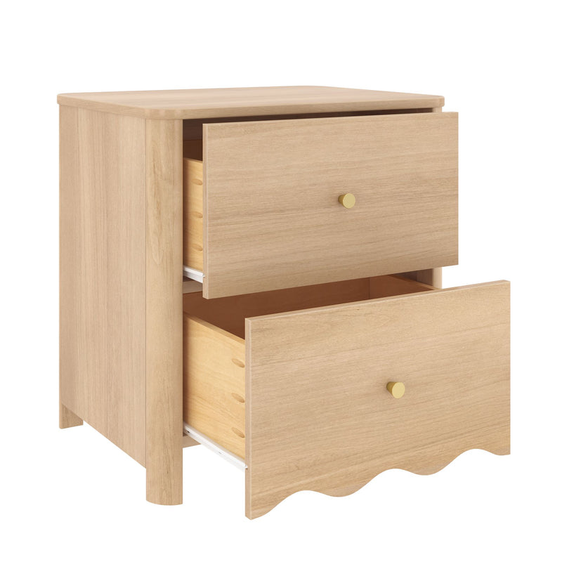 Light oak two-drawer nightstand with brass knobs and scalloped base, compact bedroom storage