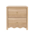 Light oak two-drawer bedside table nightstand with brass knobs, scalloped bottom trim and rounded top — natural wood bedroom storage, modern farmhouse style