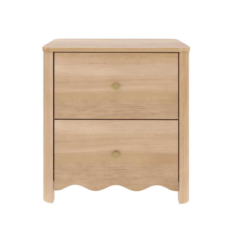 Light oak two-drawer bedside table nightstand with brass knobs, scalloped bottom trim and rounded top — natural wood bedroom storage, modern farmhouse style