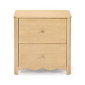 Light wood three-drawer nightstand bedside table with round metal knobs and scalloped apron, modern minimalist bedroom furniture
