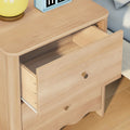Light wood bedside table with open drawer — modern wooden nightstand for bedroom with lamp and alarm clock, maple finish, minimalist design