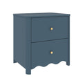 Blue two-drawer bedside nightstand with scalloped bottom and gold knobs, modern coastal-style wooden bedside table for bedroom storage