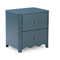 Blue wooden nightstand two-drawer bedside table with brass knobs, scalloped skirt and tapered legs, modern coastal bedroom storage