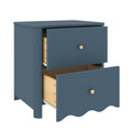 Blue two-drawer nightstand bedside table with scalloped bottom drawer, round brass knobs and natural wood drawer interiors, modern bedroom storage accent on white background