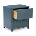 Blue wooden nightstand with open drawer, brass knob and scalloped base, modern bedside storage table