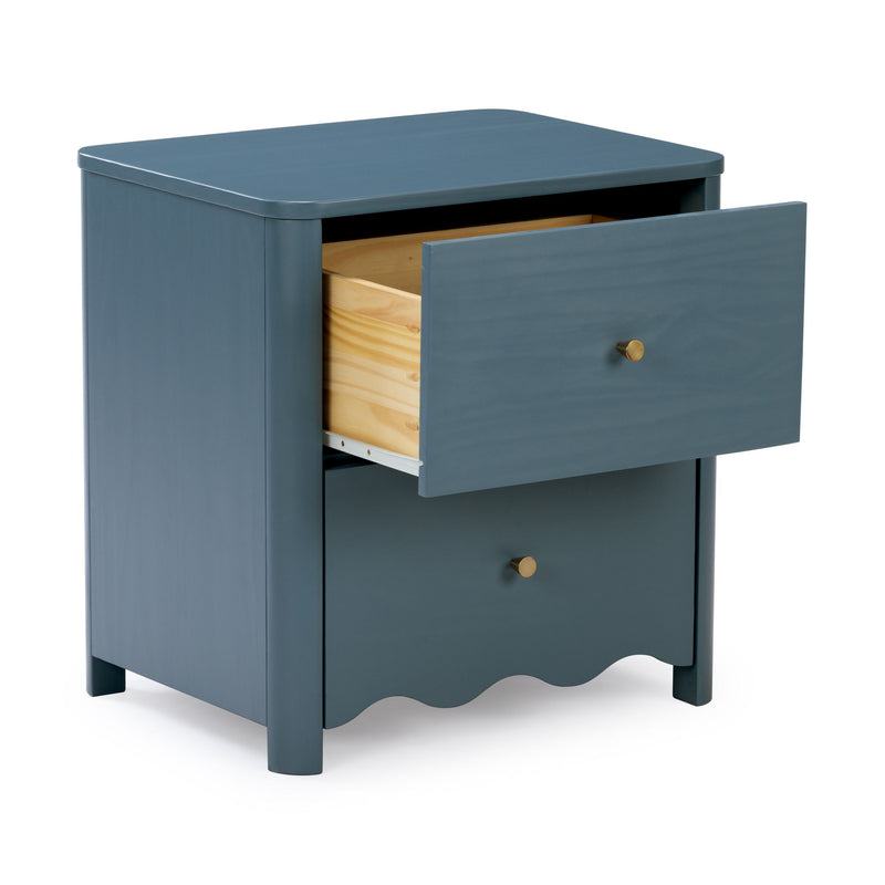 Blue wooden nightstand with open drawer, brass knob and scalloped base, modern bedside storage table