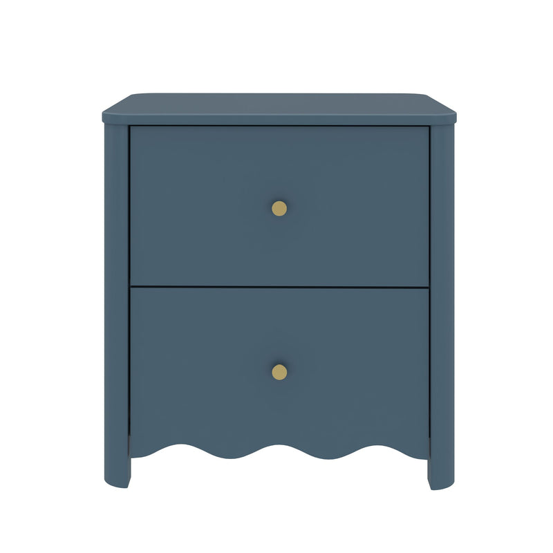 Blue two-drawer wooden nightstand bedside table with brass knobs and scalloped bottom apron, compact bedroom storage piece