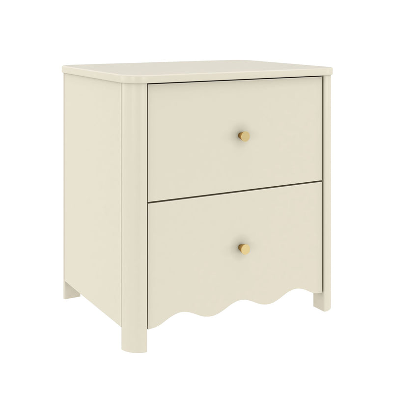 Cream two-drawer bedside nightstand with gold knobs and scalloped base, painted wood bedroom storage table