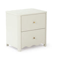 Cream painted wooden 2-drawer nightstand with brass knobs and scalloped base for bedroom or nursery
