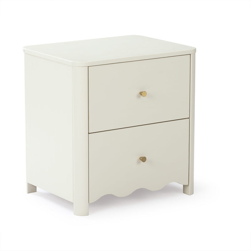 Cream painted wooden 2-drawer nightstand with brass knobs and scalloped base for bedroom or nursery