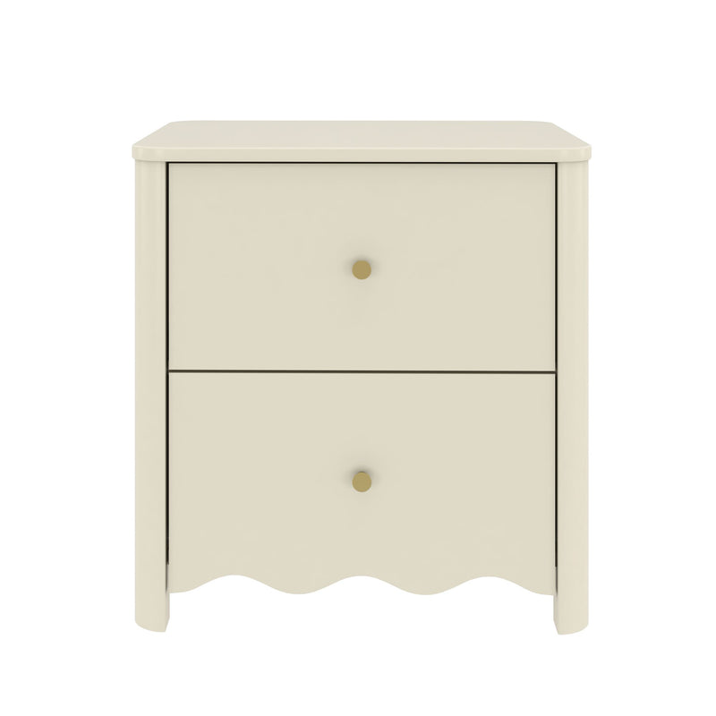 Cream two-drawer nightstand with brass knobs and scalloped base — compact bedside table for bedroom storage and décor.
