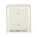 Cream two-drawer wooden bedside table with round brass knobs, rounded top edges and scalloped apron, modern farmhouse nightstand