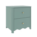 Teal two-drawer nightstand with gold knobs and scalloped apron, modern small bedside table for bedroom, isolated on white background