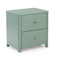 Mint green painted wooden nightstand bedside table with storage drawers, brass knobs and scalloped base — modern bedroom furniture