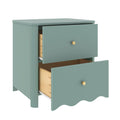 Mint green two-drawer nightstand with scalloped apron, gold knobs and natural wood drawers — bedside table for bedroom, nursery, or living room