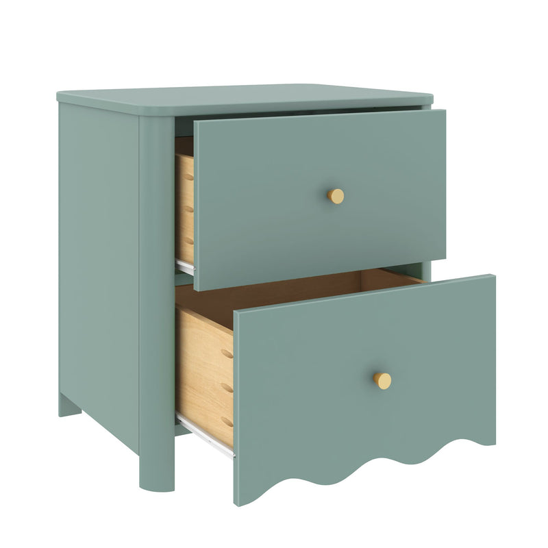Mint green two-drawer nightstand with scalloped apron, gold knobs and natural wood drawers — bedside table for bedroom, nursery, or living room