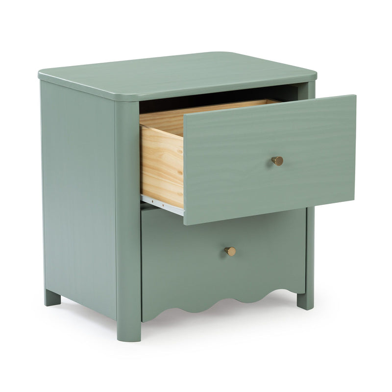 Sage green wooden nightstand bedside table with open top drawer, brass knob, scalloped base and natural pine drawer interior