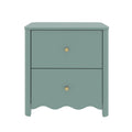 Mint green two-drawer nightstand with gold round knobs and scalloped bottom apron, modern bedside table on white background