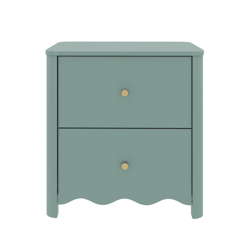 Mint green two-drawer nightstand with gold round knobs and scalloped bottom apron, modern bedside table on white background