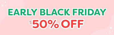Early Black Friday sale banner: up to 50% off promotional graphic on pink background with decorative sparkles.