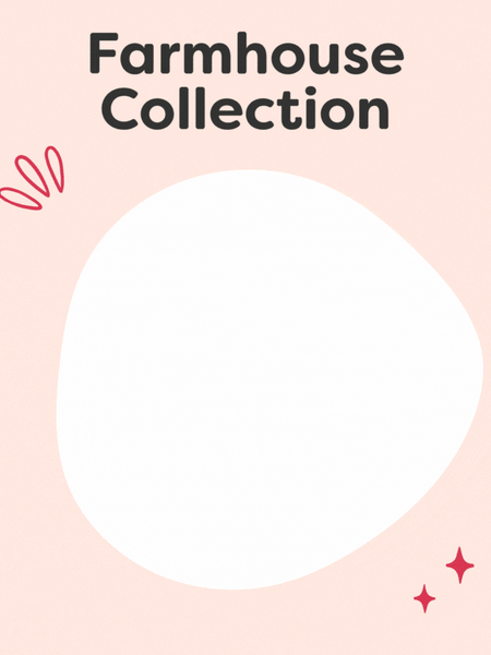 Farmhouse decor collection advertisement with pastel pink background and decorative accents.