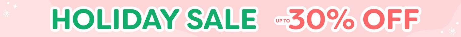 Holiday sale banner reading "HOLIDAY SALE" and "up to 30% off" on a pink background promoting seasonal discounts and holiday deals