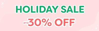 Holiday sale banner reading "HOLIDAY SALE" and "up to 30% off" on a pink background promoting seasonal discounts and holiday deals