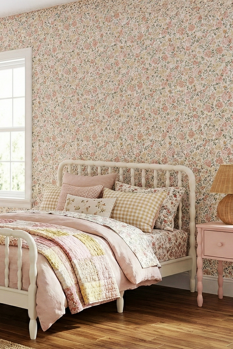 Cozy feminine bedroom with pink floral wallpaper, white spindle bed, pastel patchwork bedding, pink nightstand with rattan lamp, hardwood floors and bright windows