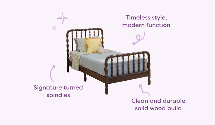 Solid wood twin bed frame with signature turned spindle headboard and footboard, light blue quilt and yellow pillow — durable children's bed with timeless style and modern function.