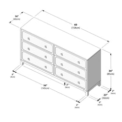 Isometric line drawing of a six-drawer wooden dresser (two columns of three drawers) with labeled dimensions for planning and assembly — 60" wide x 23" deep x 34" high, knob handles, and detailed measurement annotations.
