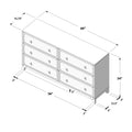 Isometric line drawing of a six-drawer dresser with annotated dimensions — 60" top length, 56" front width, 15.75" depth, 34" height, bedroom dresser dimensions diagram