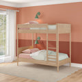 Natural wood twin-over-twin bunk bed with ladder in a modern kids bedroom with coral two-tone accent wall, green wall sconces, striped bedding and sheer curtains