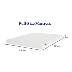 Full-size mattress dimensions: 53.5 inches wide, 75 inches long, 5 inches thick.
