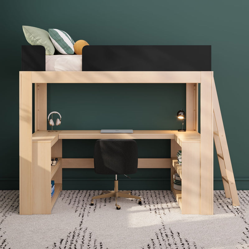 Modern loft bed with built-in desk and shelves, light wood frame and ladder, black safety rail, study nook with laptop, lamp and swivel chair against dark green wall
