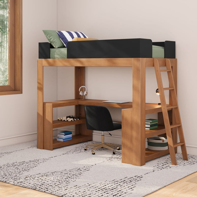 Loft bed with built-in L-shaped desk and ladder, modern wooden space-saving study nook with shelves, chair, books and headphones in bright bedroom