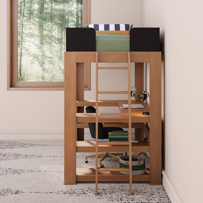 Modern wooden loft bed with ladder and built-in desk, ergonomic chair, lamp and storage shelves — space-saving bedroom study nook with forest-view window