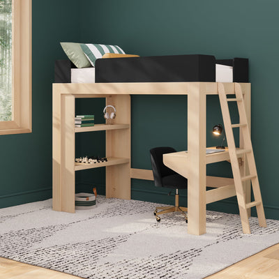 Natural wood loft bed with ladder, integrated desk and shelving, black office chair, green accent wall in modern teen bedroom