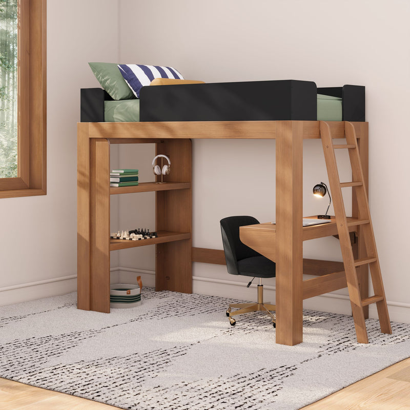 Modern wooden loft bed with built-in desk, shelves and ladder in a bright small bedroom — black safety rails, green bedding, striped pillow, and ergonomic swivel chair
