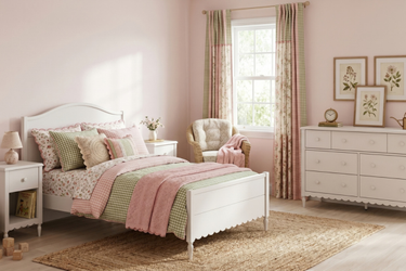 Pastel pink shabby-chic bedroom with white wooden bed, floral and gingham bedding, pink knit throw, white dresser, cozy armchair and jute rug