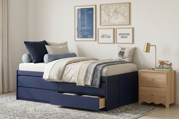 Navy blue storage daybed with under-bed drawers, striped white and navy bedding and throw pillows, wooden nightstand and nautical wall art in a children's bedroom