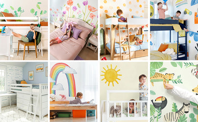 Kids' bedroom and nursery decor collage: colorful wall decals and stickers, rainbow mural, animal wallpaper, bunk beds, and playful bedding ideas.