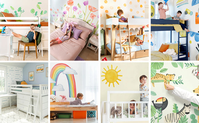Kids' bedroom and nursery decor collage: colorful wall decals and stickers, rainbow mural, animal wallpaper, bunk beds, and playful bedding ideas.